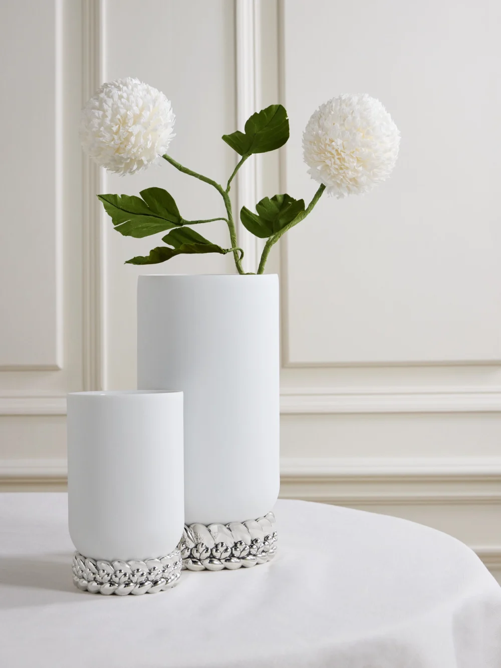 Christofle Babylone Large Silver-plated Embellished Porcelain Vase, styled view