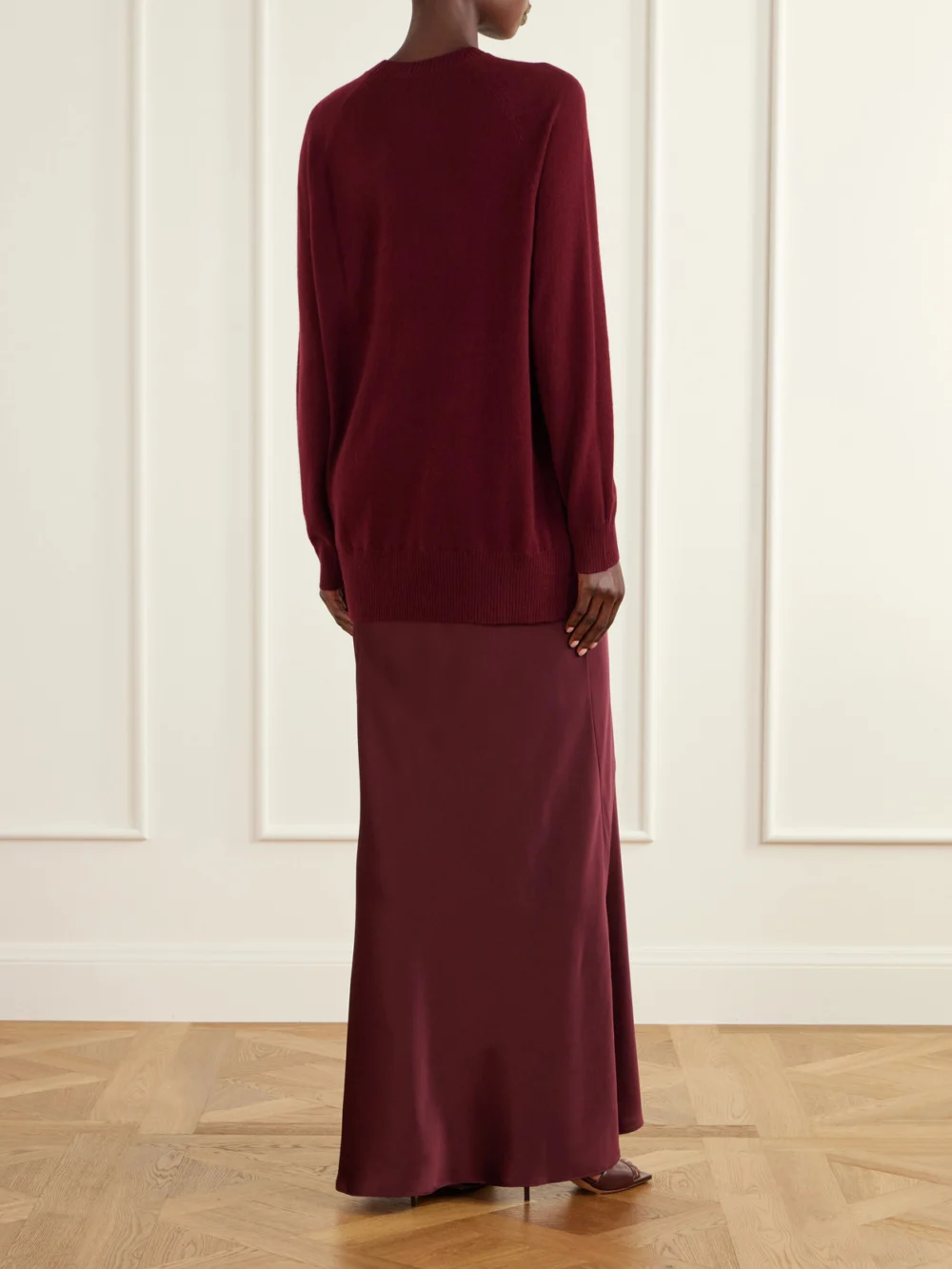 Back view of the Christopher Esber Monument Cashmere and Silk-satin Maxi Dress