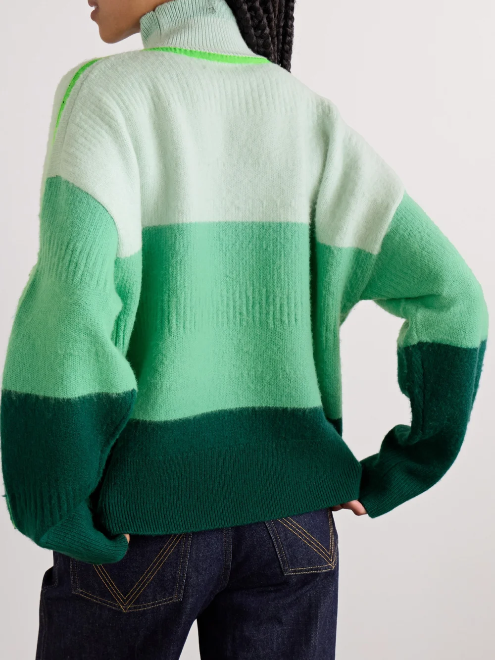 Back view of the Christopher John Rogers Brushed Striped Merino Wool-blend Turtleneck Sweater