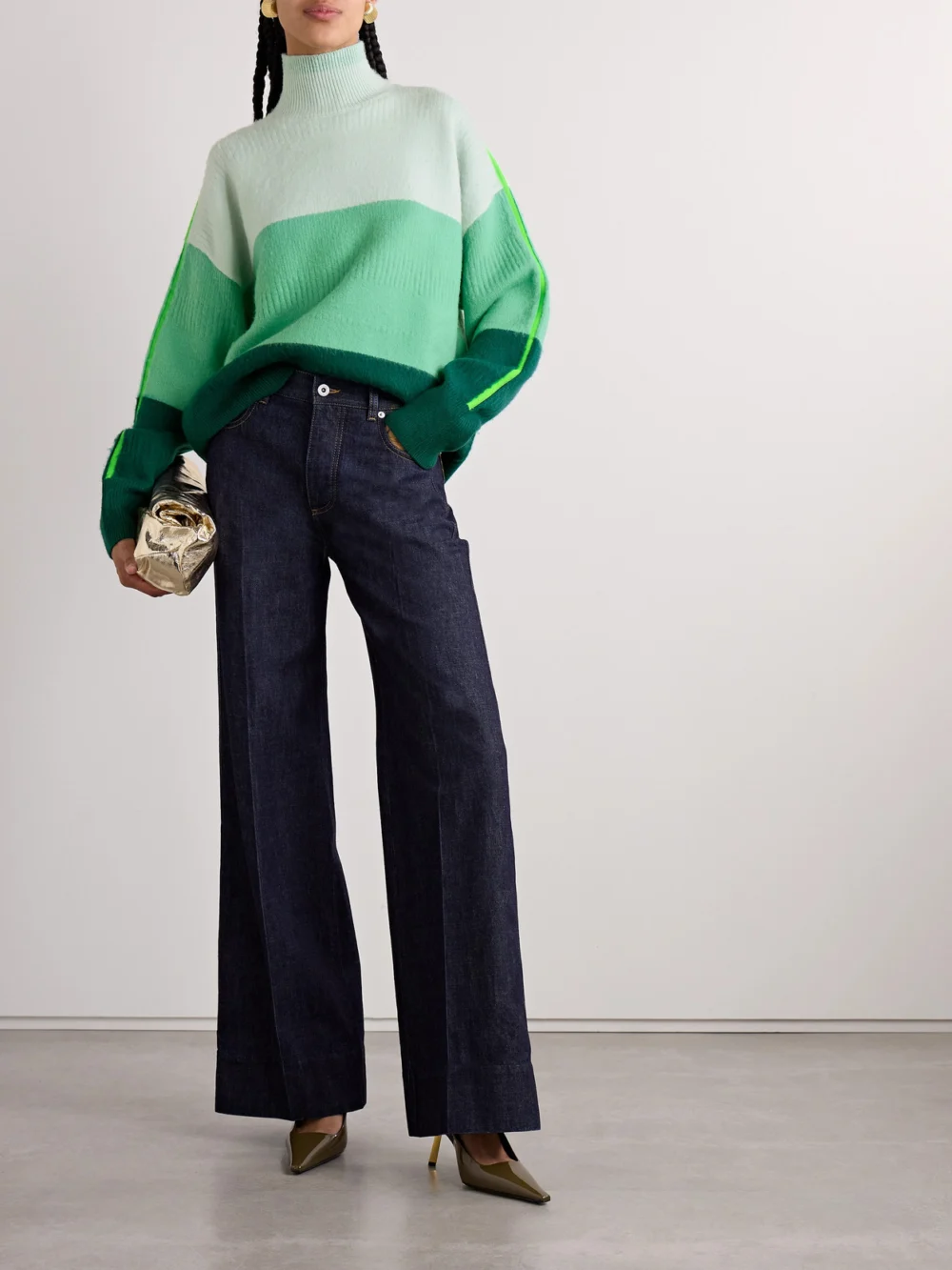 Christopher John Rogers Brushed Striped Merino Wool-blend Turtleneck Sweater, worn by a model