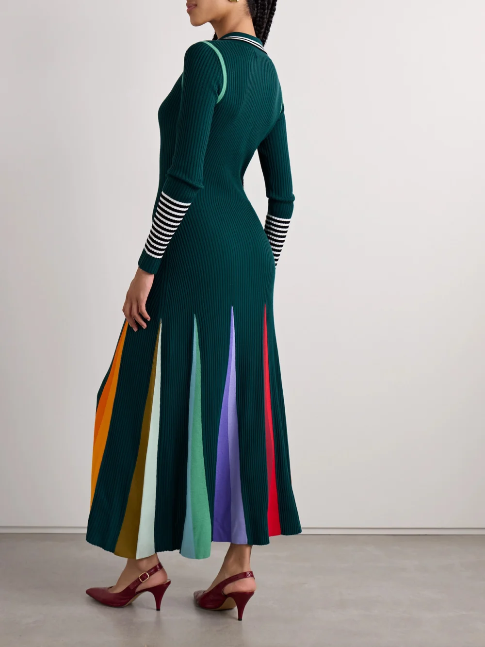 Back view of the Christopher John Rogers Godet Striped Ribbed Merino Wool Polo Maxi Dress
