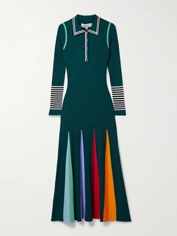 Christopher John Rogers Godet Striped Ribbed Merino Wool Polo Maxi Dress