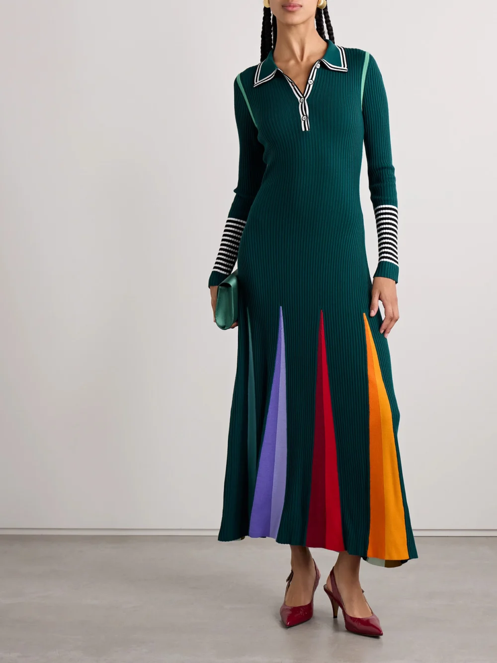 Christopher John Rogers Godet Striped Ribbed Merino Wool Polo Maxi Dress, worn by a model
