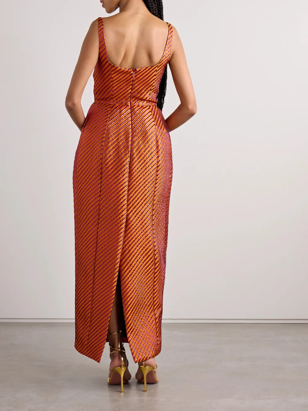 Back view of the Christopher John Rogers Pleated Striped Metallic Jacquard Maxi Dress