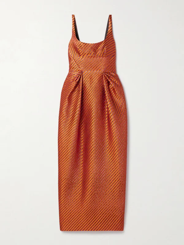 Christopher John Rogers Pleated Striped Metallic Jacquard Maxi Dress