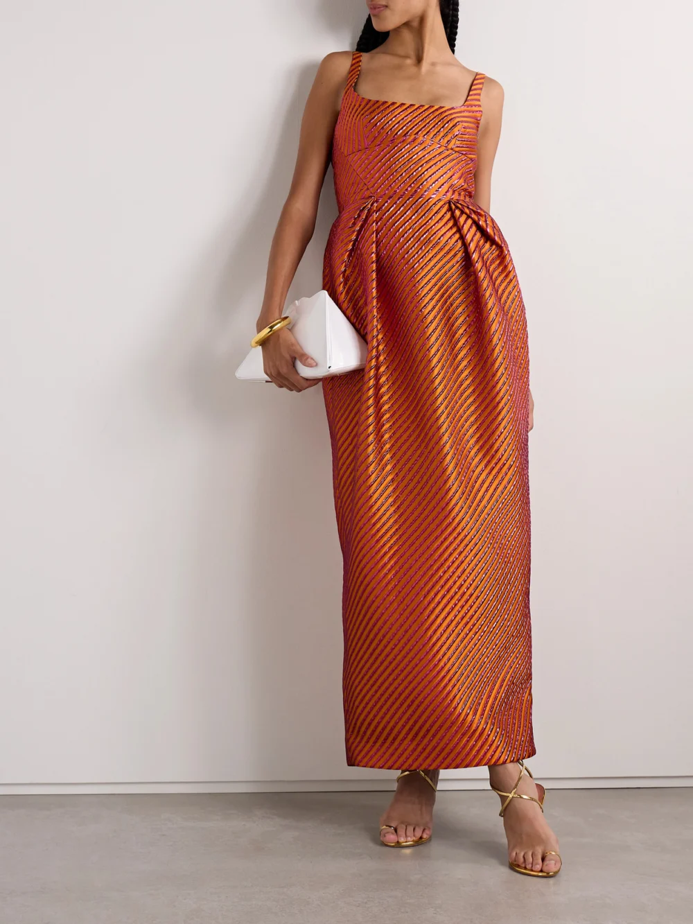 Christopher John Rogers Pleated Striped Metallic Jacquard Maxi Dress, worn by a model