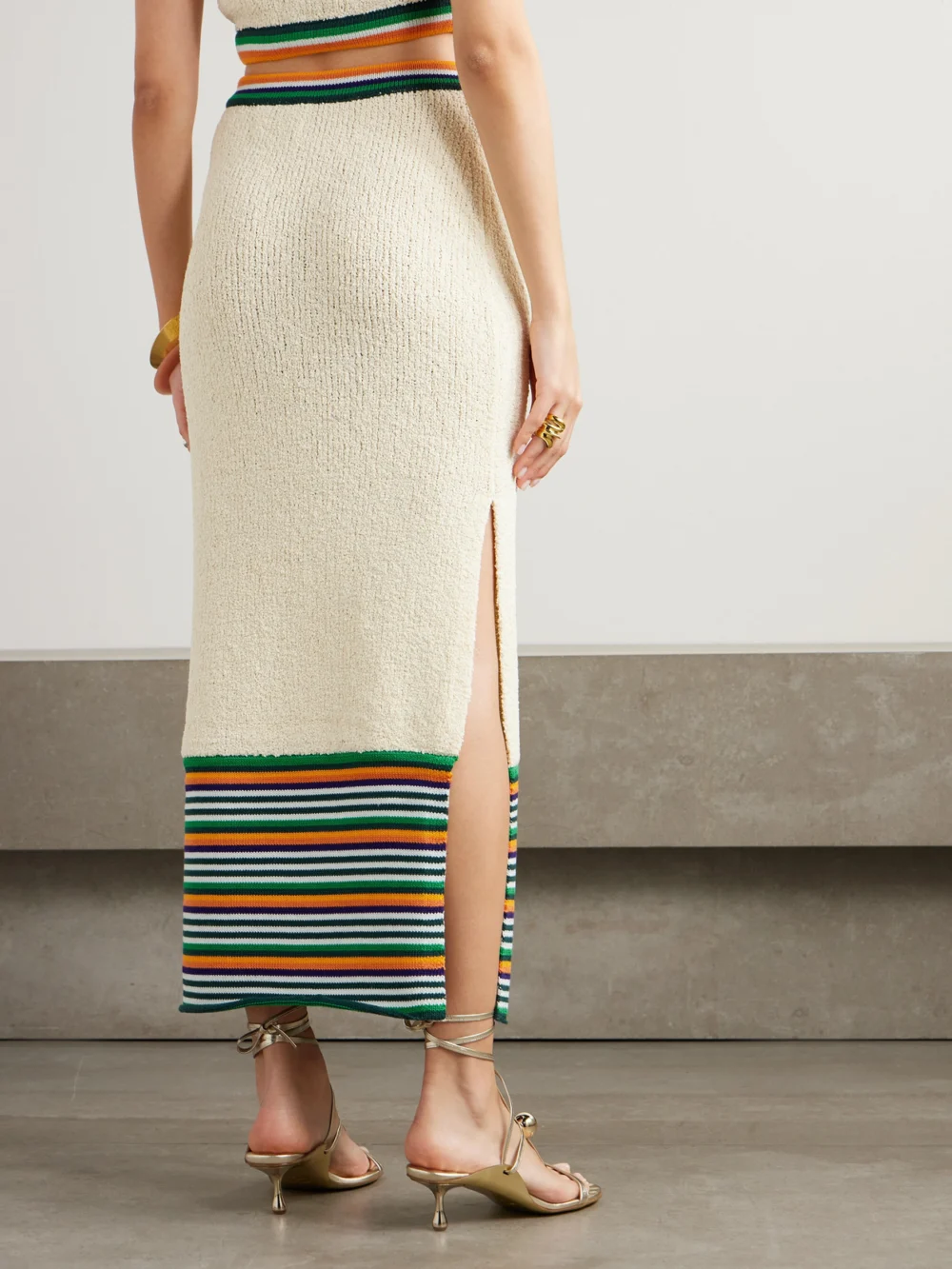 Back view of the Christopher John Rogers Striped Cotton-blend Bouclé Midi Skirt