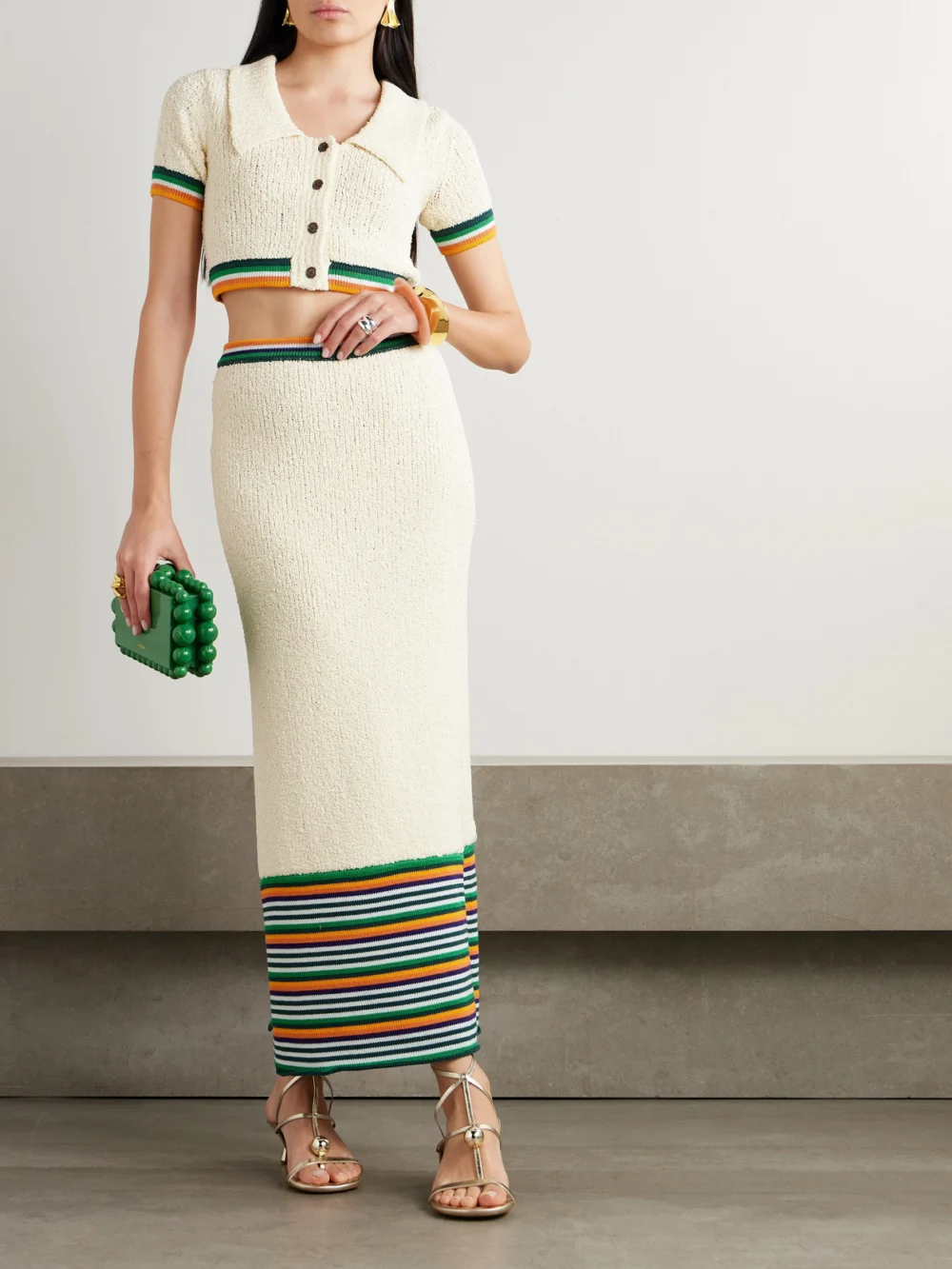 Christopher John Rogers Striped Cotton-blend Bouclé Midi Skirt, worn by a model