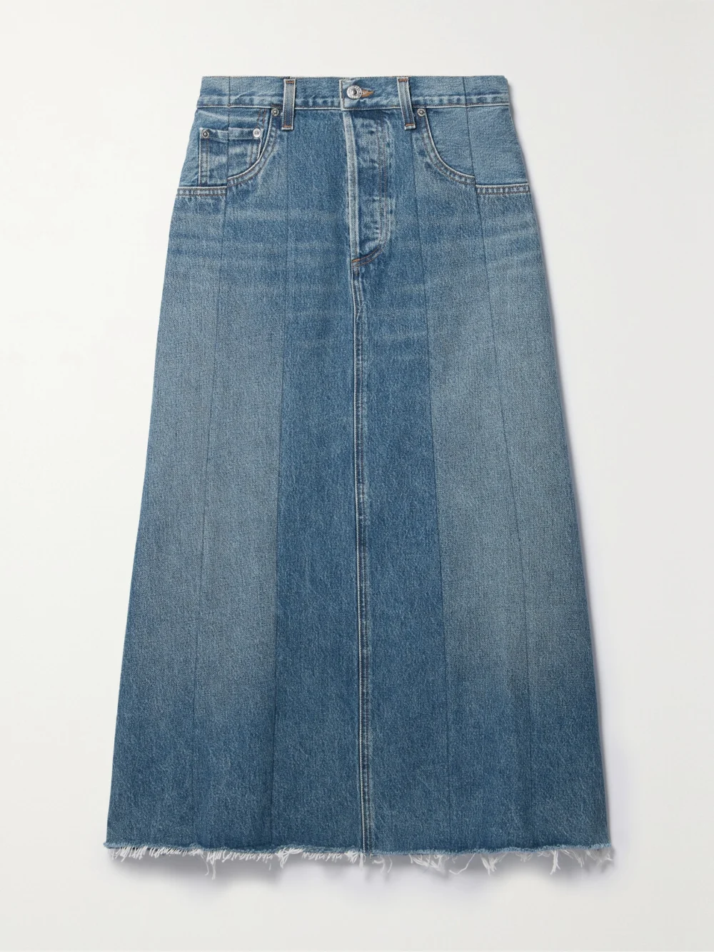 Citizens of Humanity Raian Frayed Paneled Organic Denim Midi Skirt in blue
