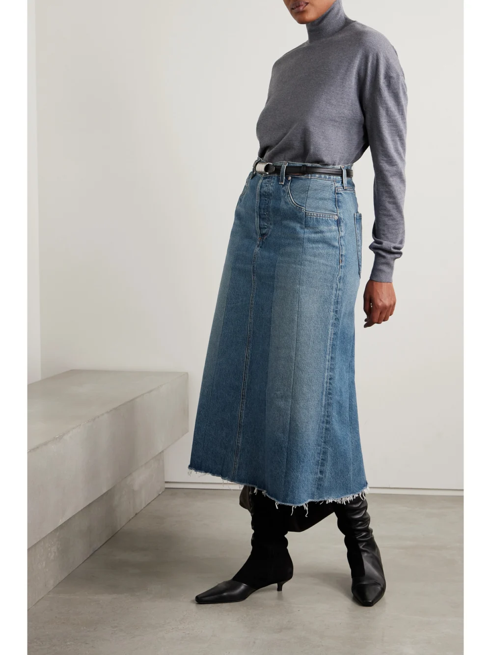 Citizens of Humanity Raian Frayed Paneled Organic Denim Midi Skirt, worn by a model