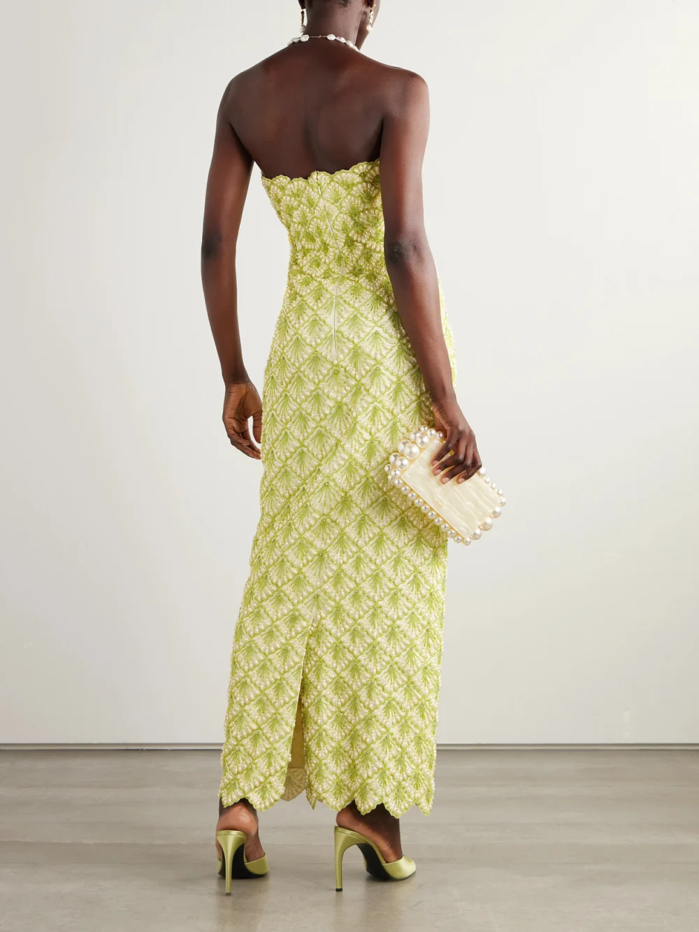Back view of the Clio Peppiatt Ariel Strapless Scalloped Embellished Satin Gown