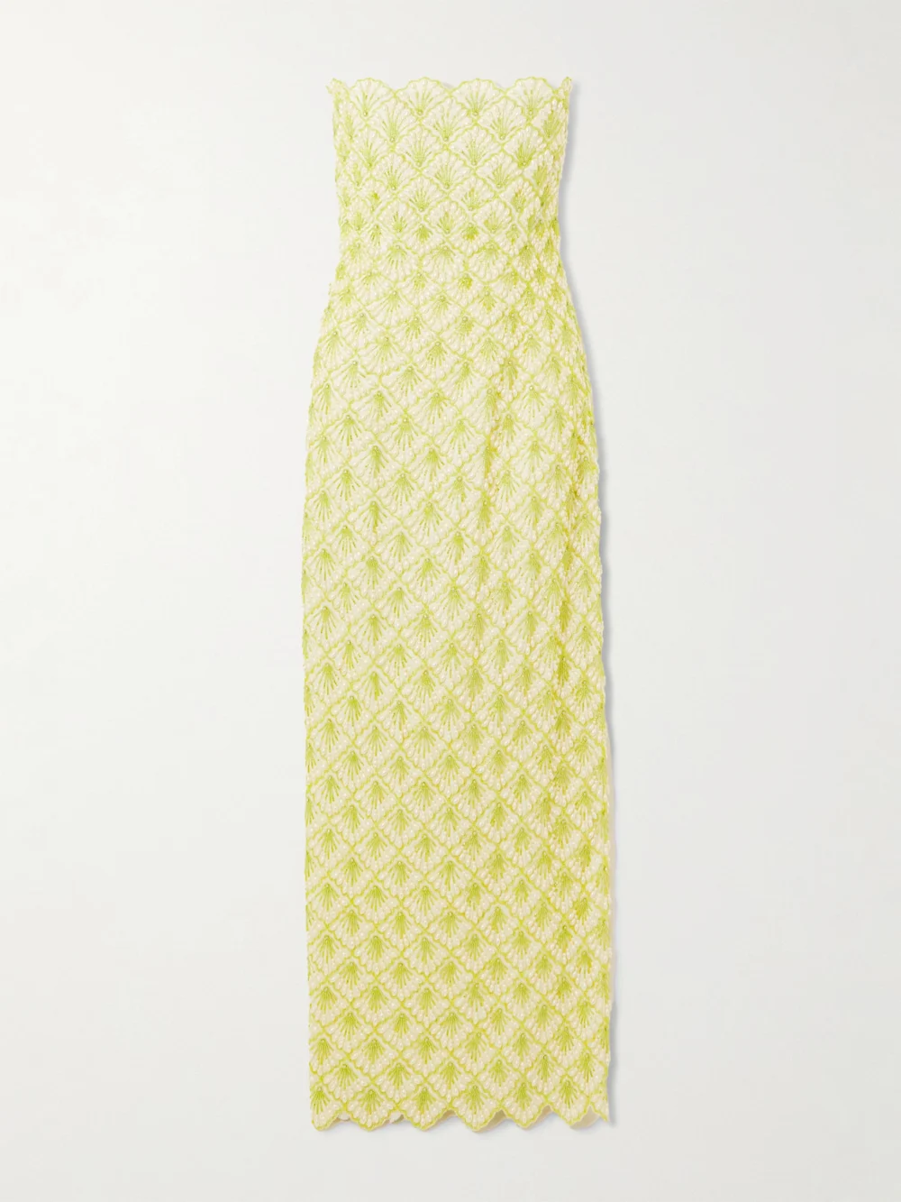 Clio Peppiatt Ariel Strapless Scalloped Embellished Satin Gown in lime green