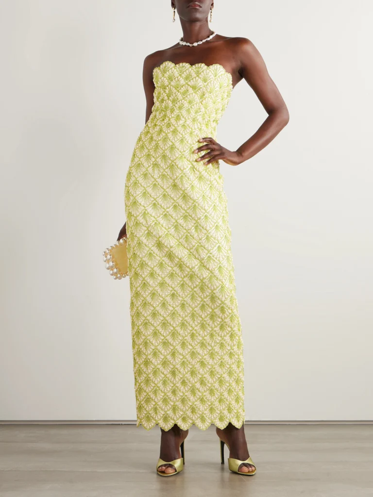 Clio Peppiatt Ariel Strapless Scalloped Embellished Satin Gown