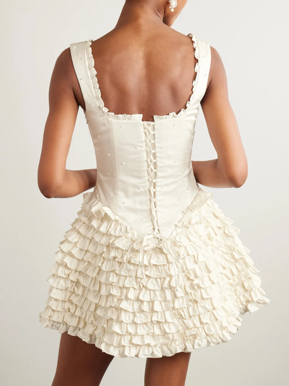 Back view of the Clio Peppiatt Ballerina Embellished Ruffled Taffeta Mini Dress