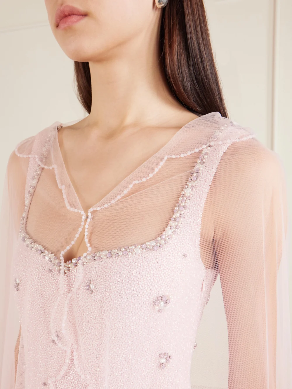 Close-up detail of the Clio Peppiatt Moonray Scalloped Embellished Tulle Cape