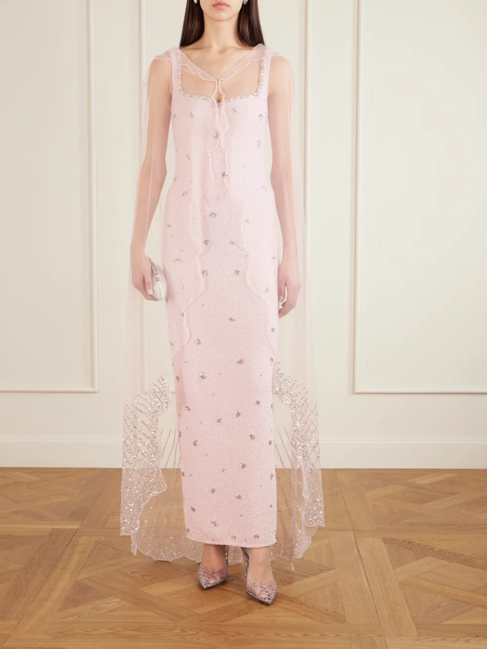 Clio Peppiatt Moonray Scalloped Embellished Tulle Cape, worn by a model