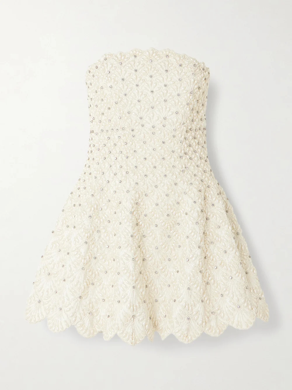 Clio Peppiatt Scallop Strapless Embellished Taffeta Mini Dress in ivory