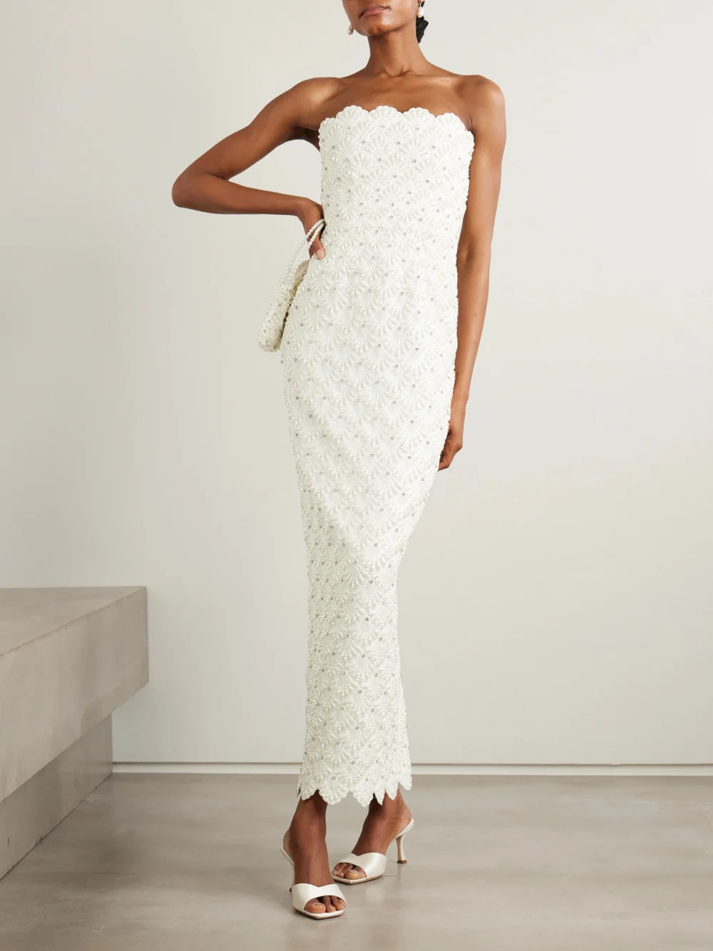 Clio Peppiatt Strapless Scalloped Embellished Taffeta Gown, worn by a model