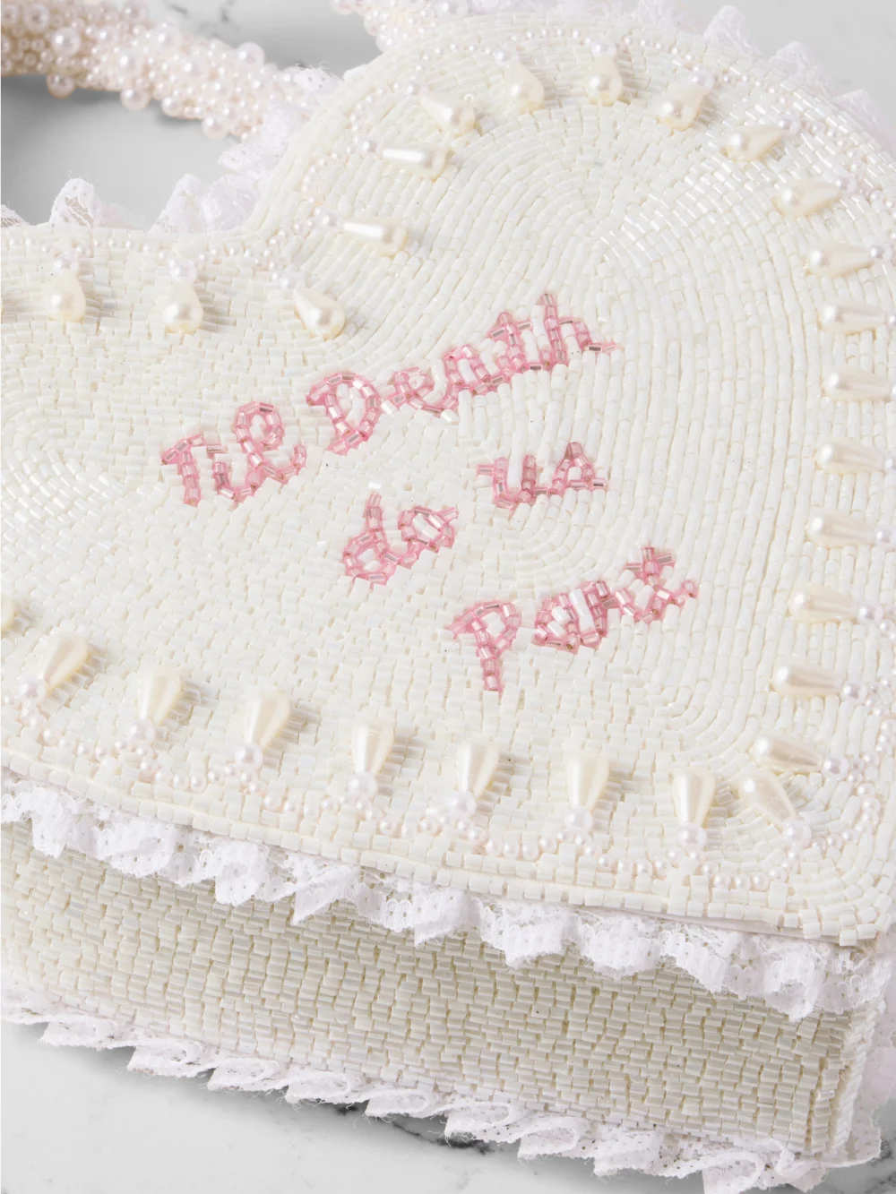 Close-up detail of the Clio Peppiatt Til Death Do Us Part Lace-trimmed Beaded Twill Tote