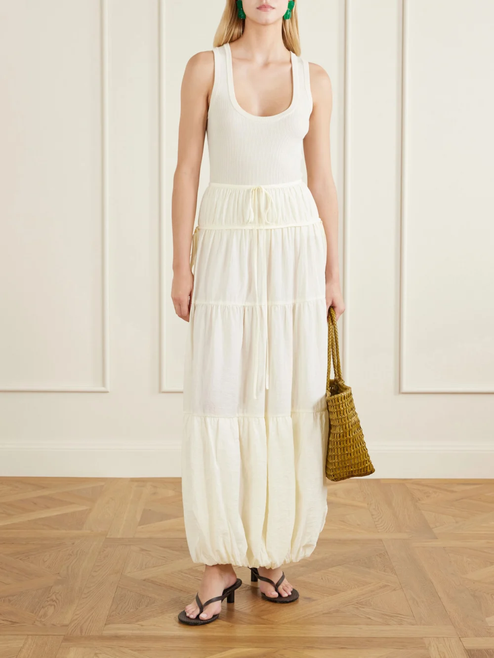 Co Gathered Crepe Bubble Maxi Skirt, worn by a model