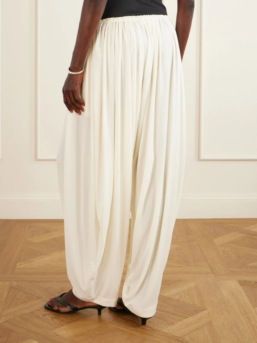 Back view of the Co Gathered Satin Wide-leg Pants
