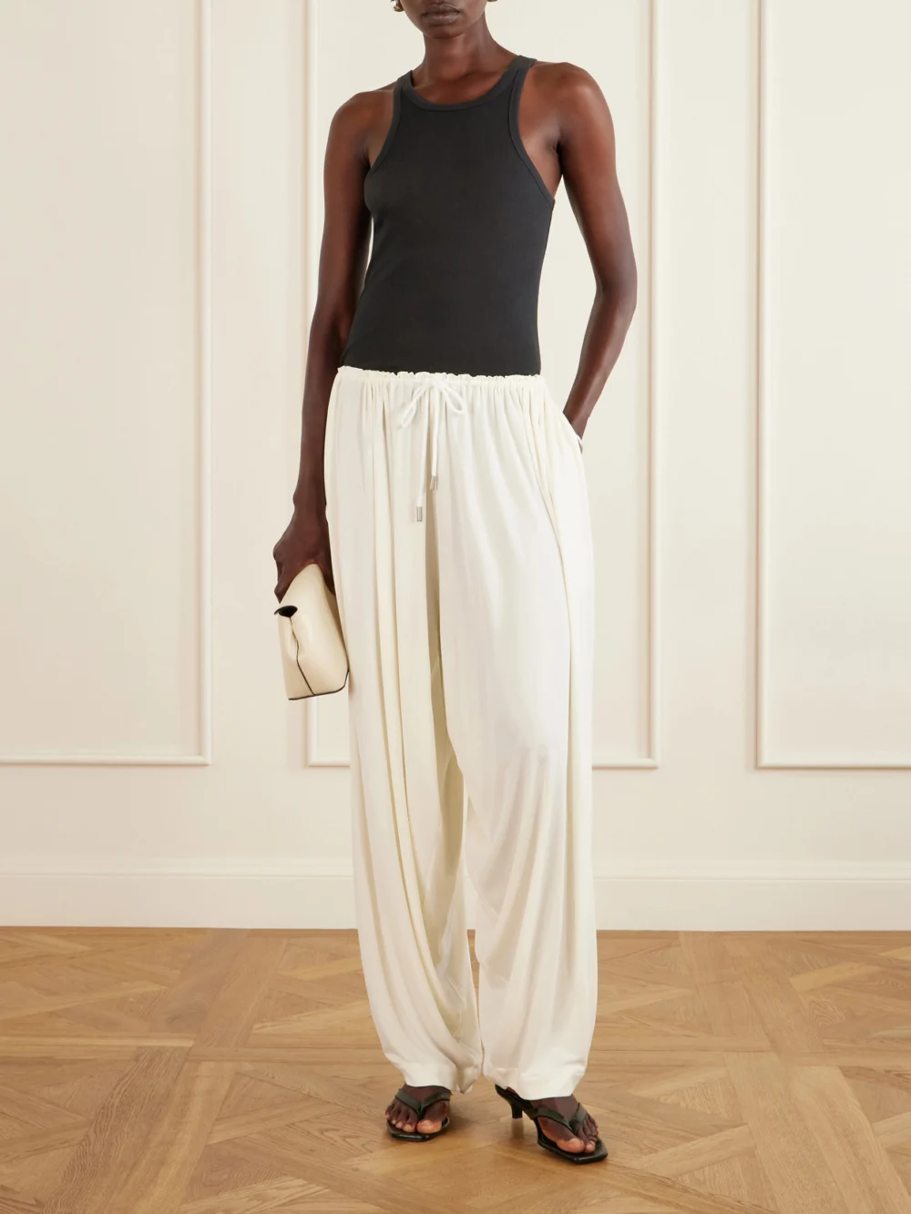 Co Gathered Satin Wide-leg Pants, worn by a model