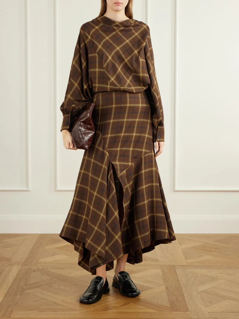 Co Slash Checked Crepe Midi Skirt, worn by a model