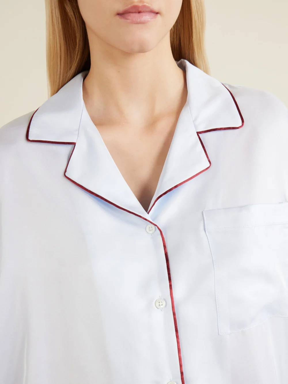 Close-up detail of the Comme Si Piped Silk-twill Pajama Set