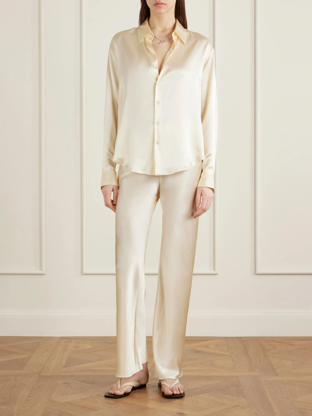 Comme Si Silk-bias Straight-leg Pants, worn by a model