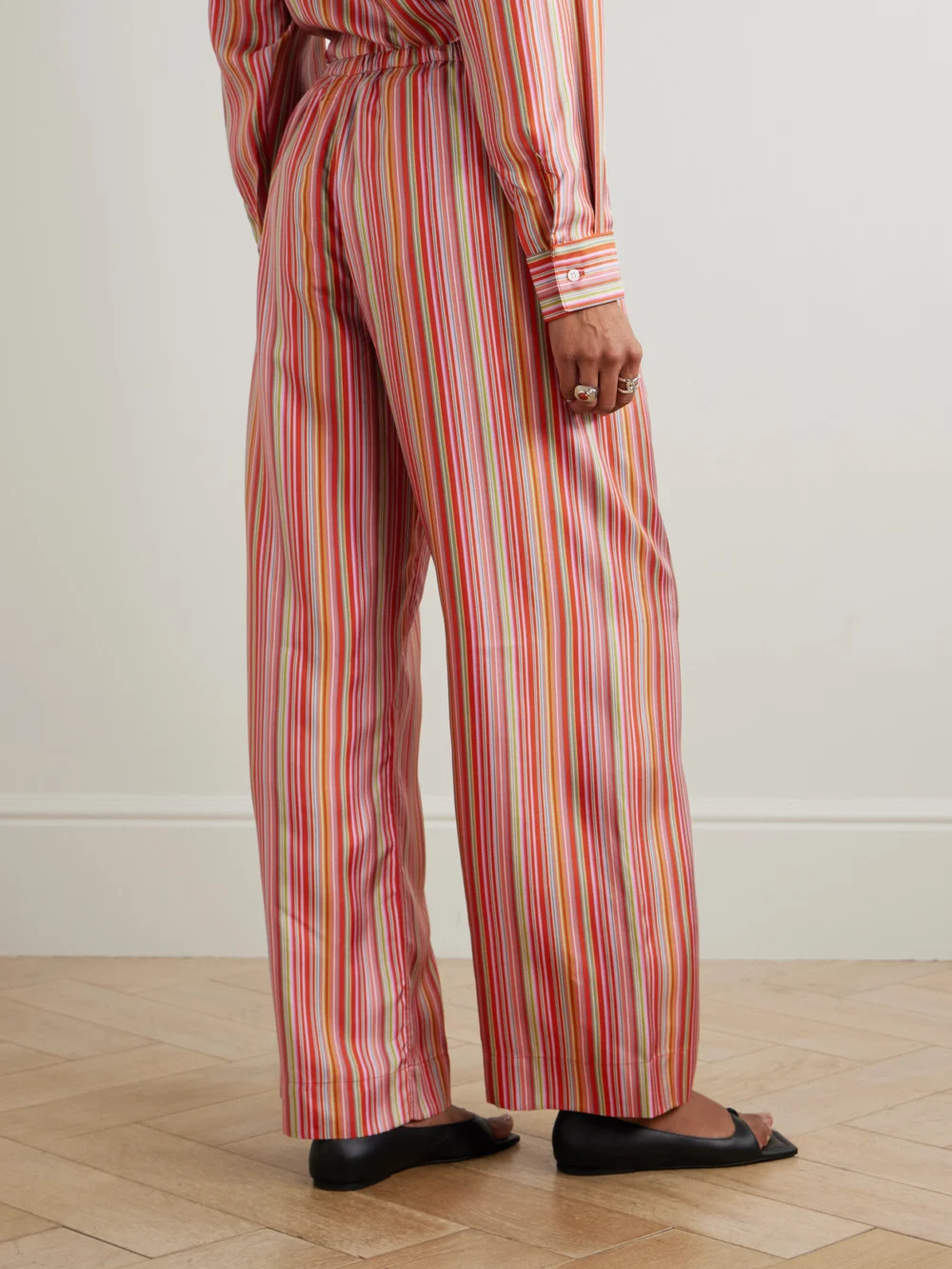 Back view of the Comme Si Striped Silk-twill Straight-leg Pants