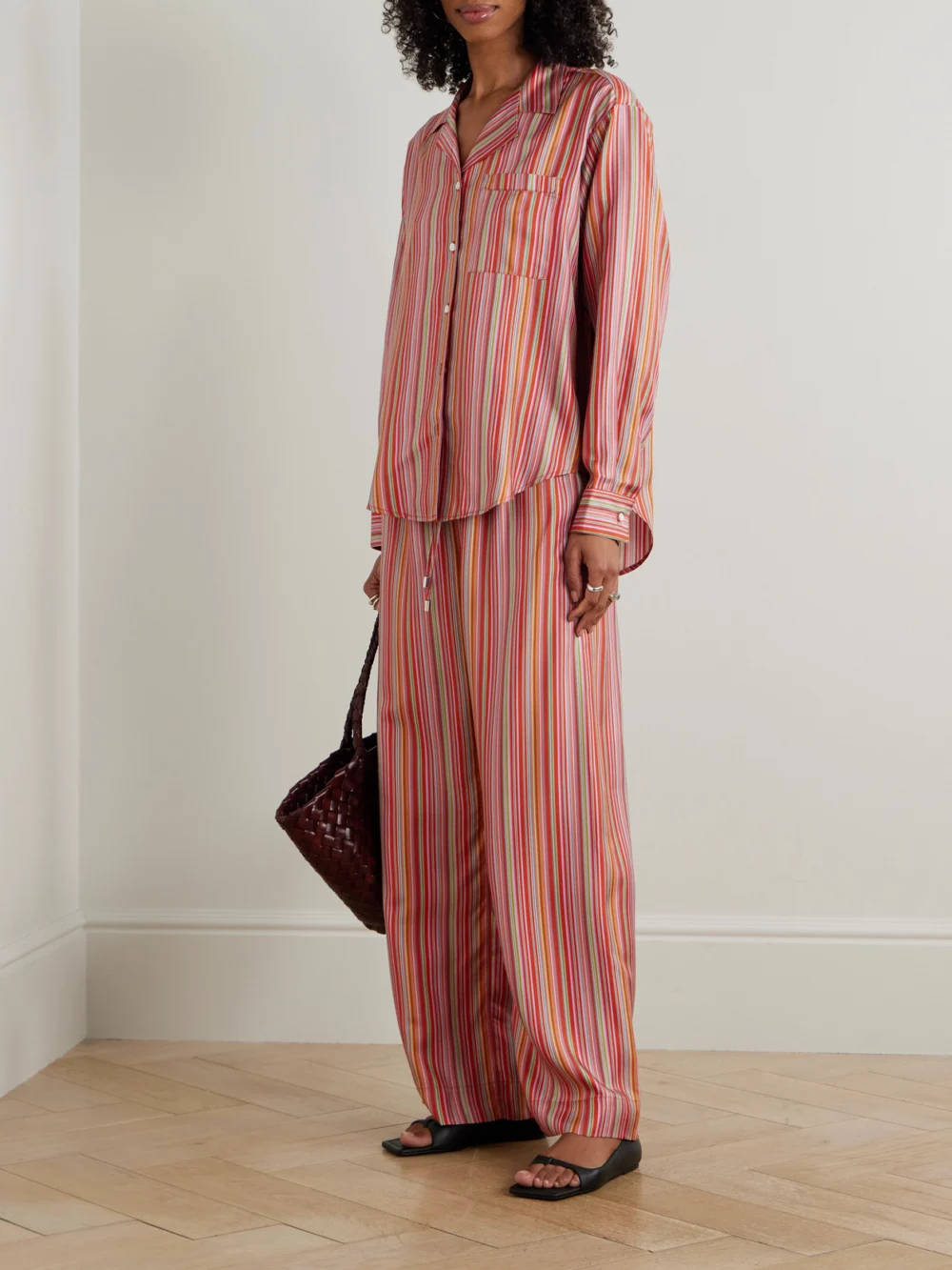 Comme Si Striped Silk-twill Straight-leg Pants, worn by a model