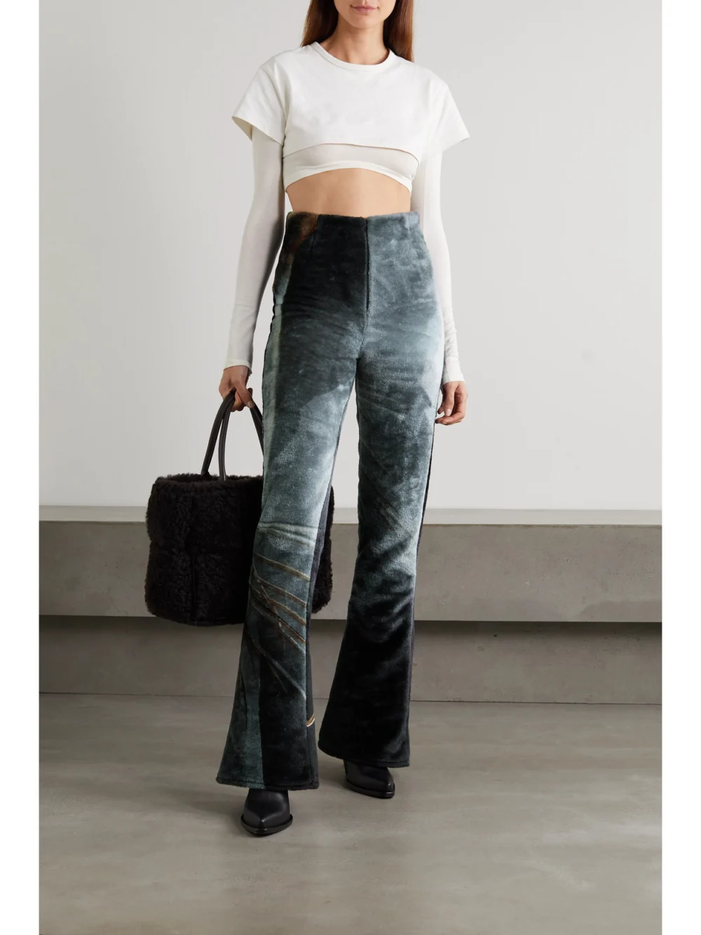 Conner Ives + the Vanguard Printed Faux Fur Flared Pants, worn by a model