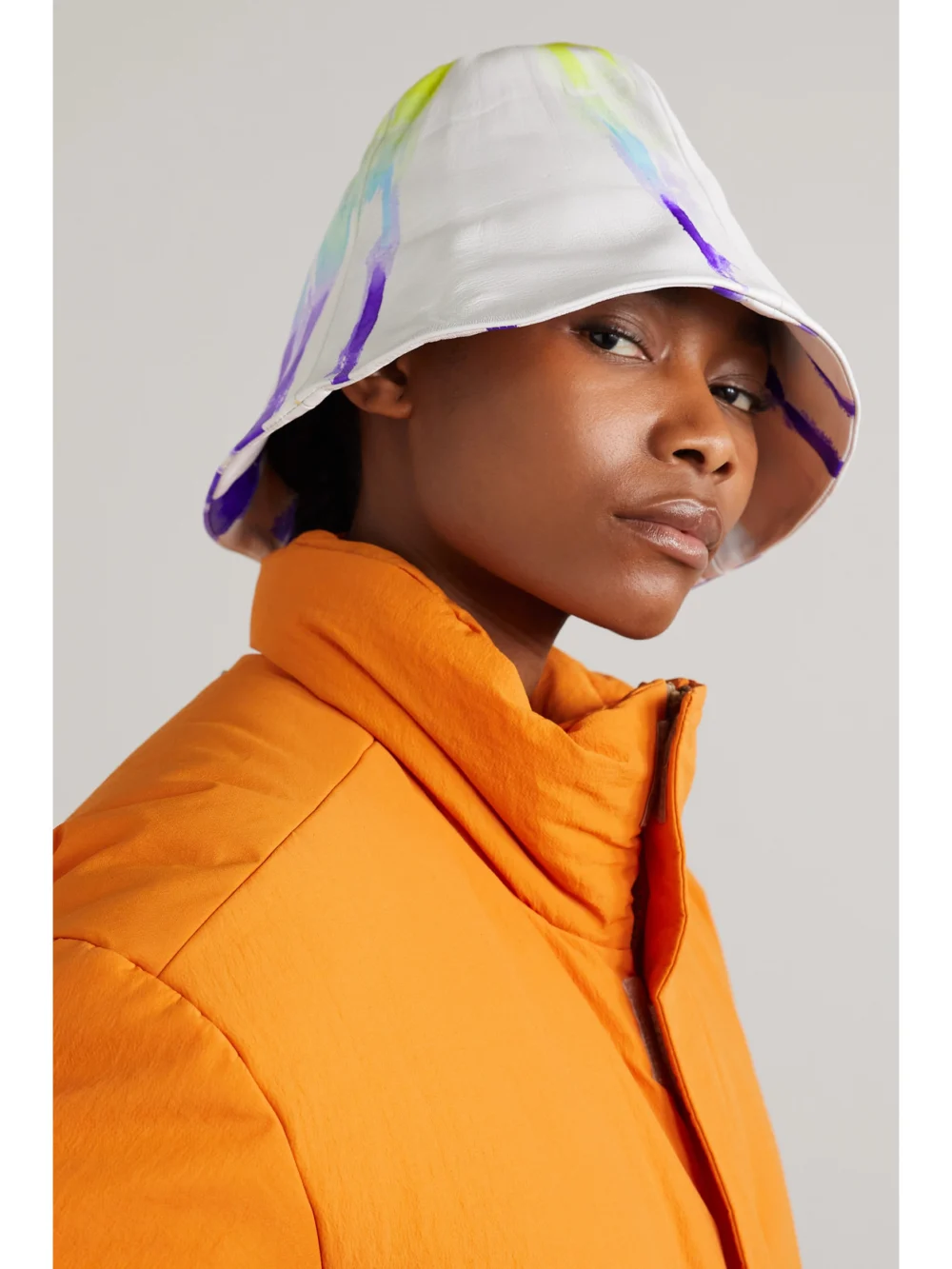 Conner Ives Tie-dyed Leather Bucket Hat, styled view