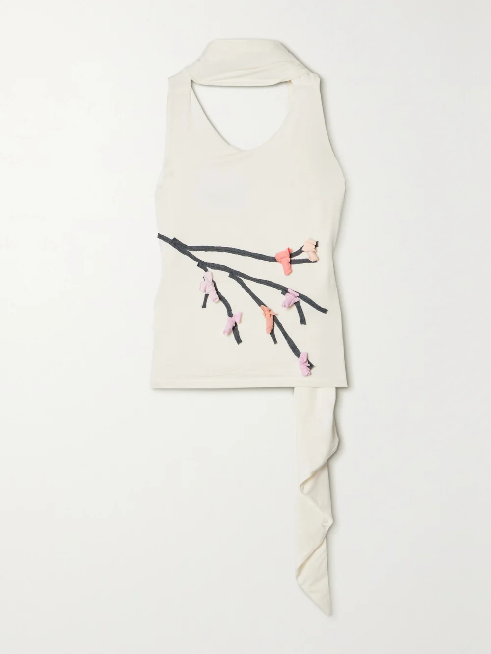 Conner Ives Tie-neck Appliquéd Stretch-micro Modal Jersey Tank in white