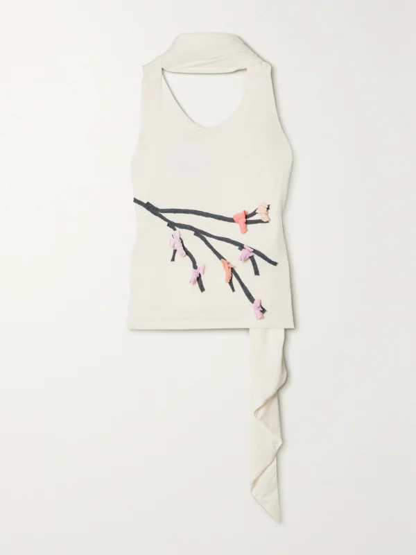Conner Ives Tie-neck Appliquéd Stretch-micro Modal Jersey Tank