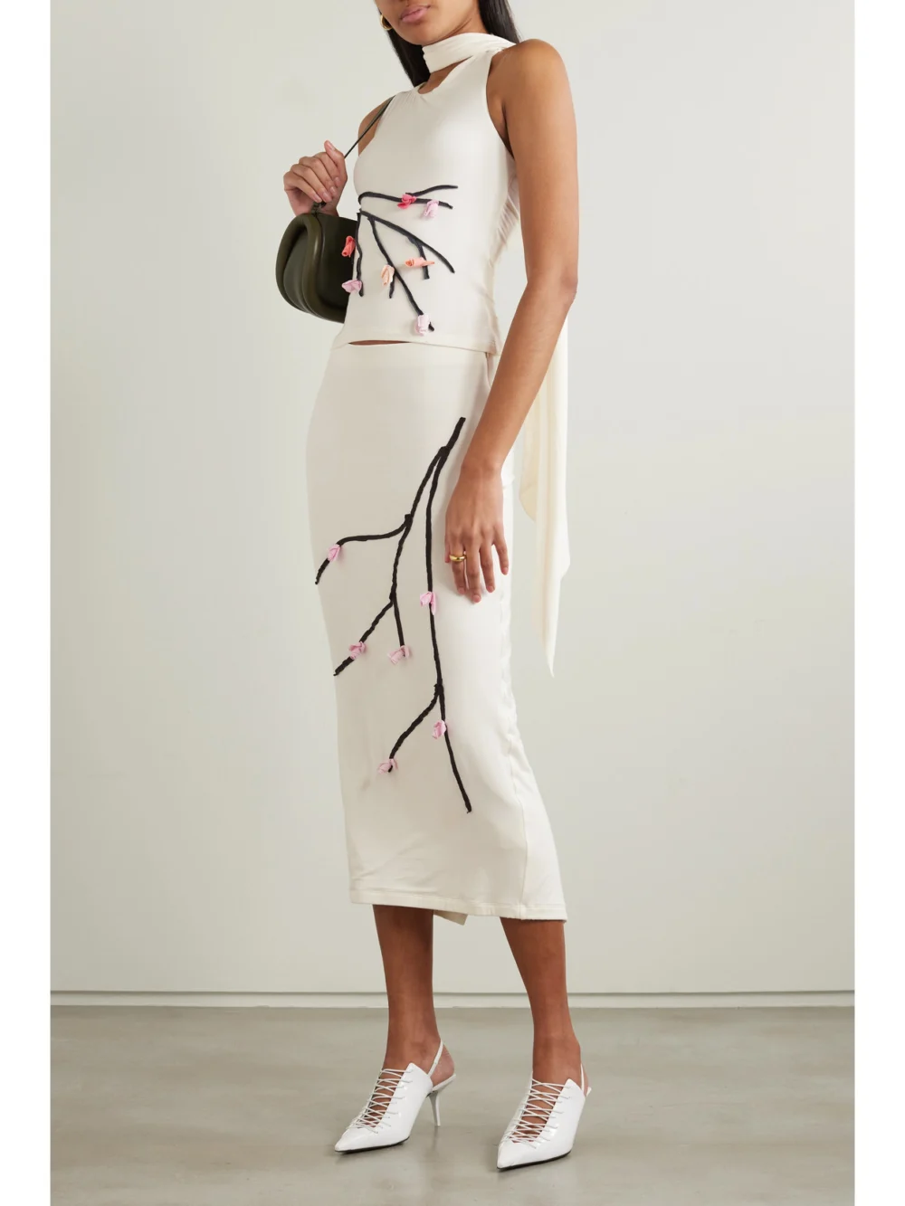 Conner Ives Tie-neck Appliquéd Stretch-micro Modal Jersey Tank, worn by a model