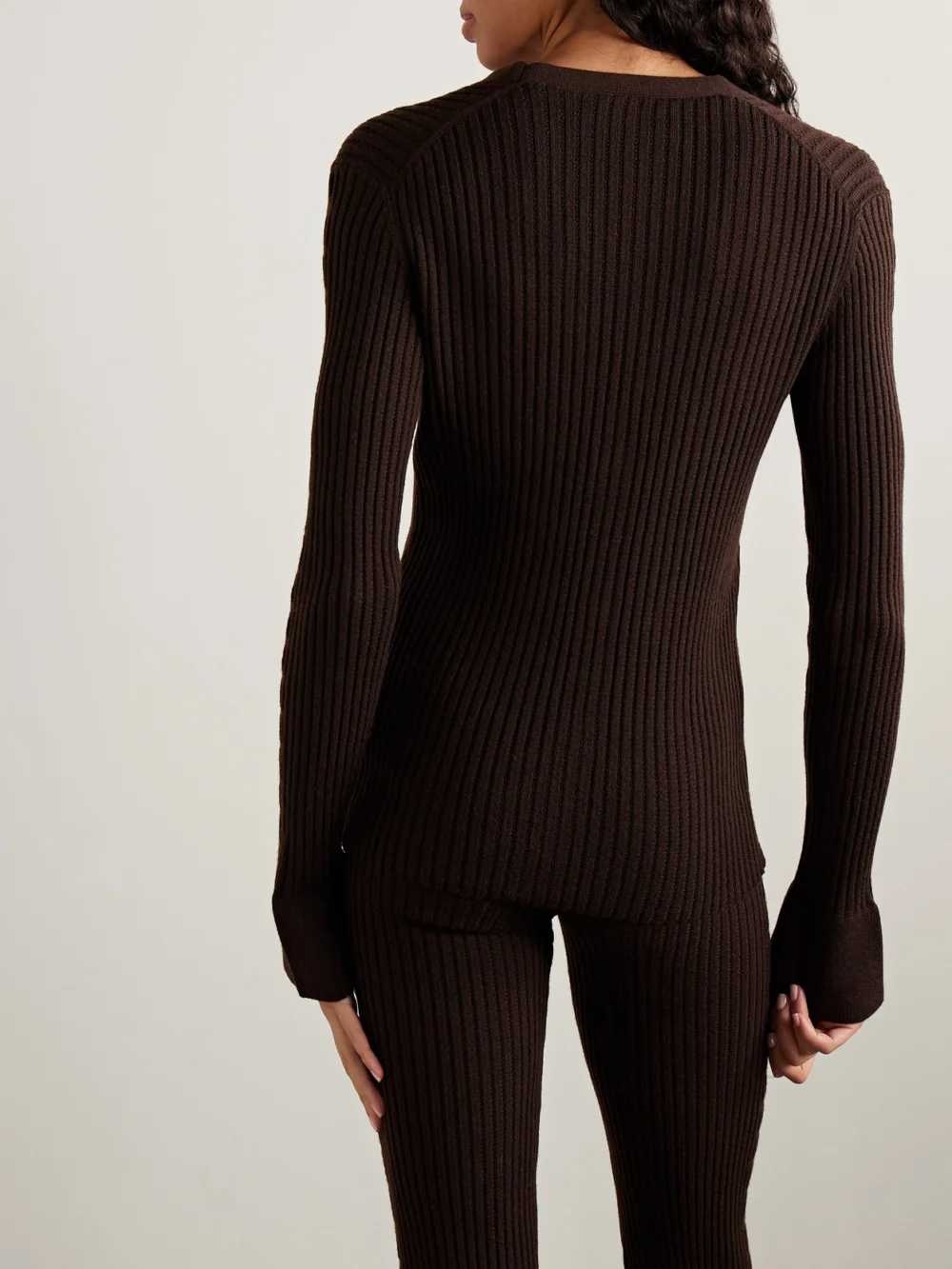 Back view of the Cordova Savoie Ribbed Pointelle-knit Merino Wool Cardigan