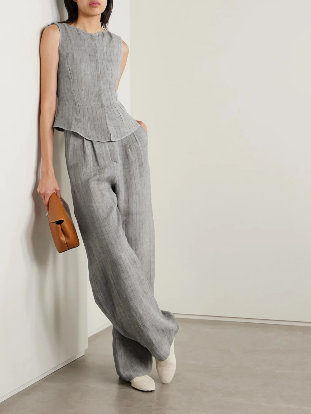 Cortana Lupe Striped Linen Vest, worn by a model
