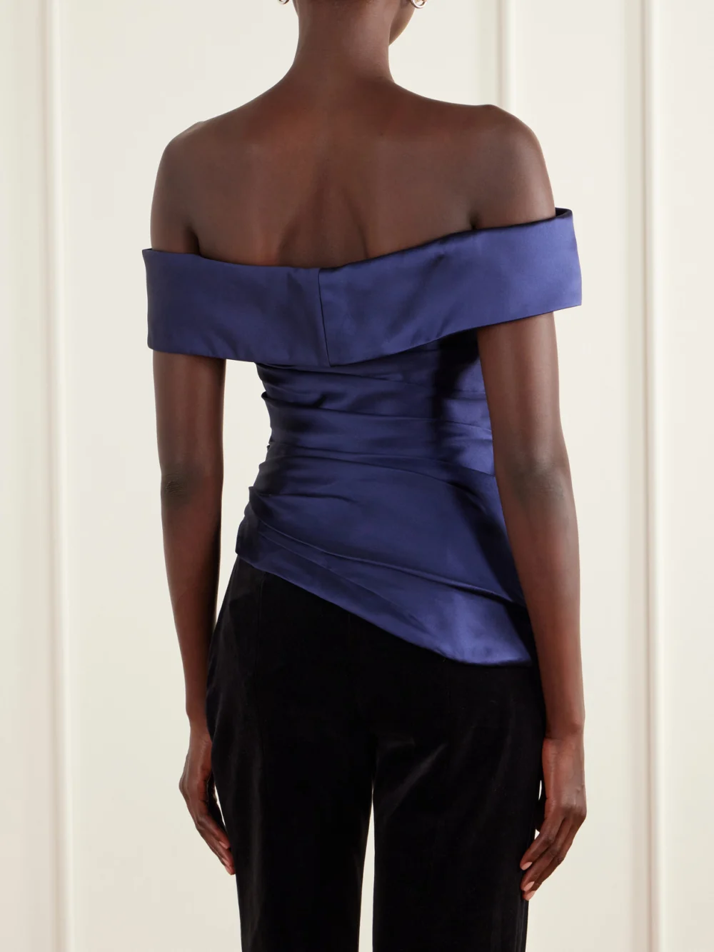 Back view of the Costarellos Devina Off-the-shoulder Draped Duchess-satin Blouse