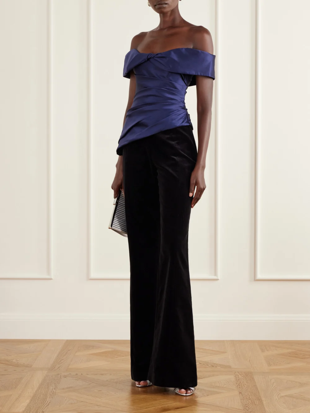 Costarellos Devina Off-the-shoulder Draped Duchess-satin Blouse, worn by a model