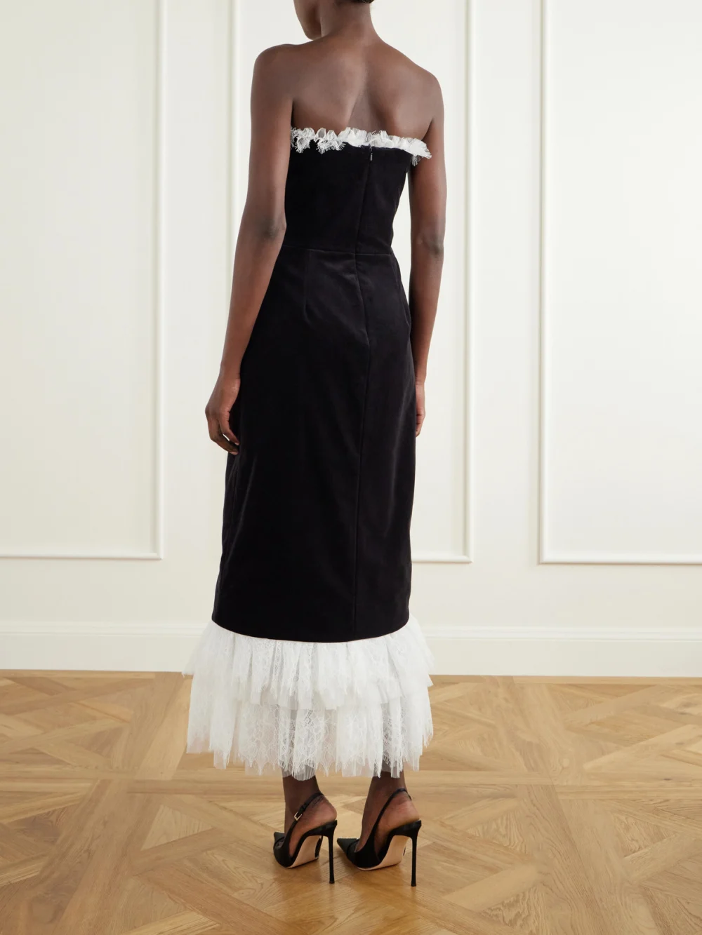 Back view of the Costarellos Isabetta Strapless Tulle and Lace-trimmed Cotton-velvet Midi Dress