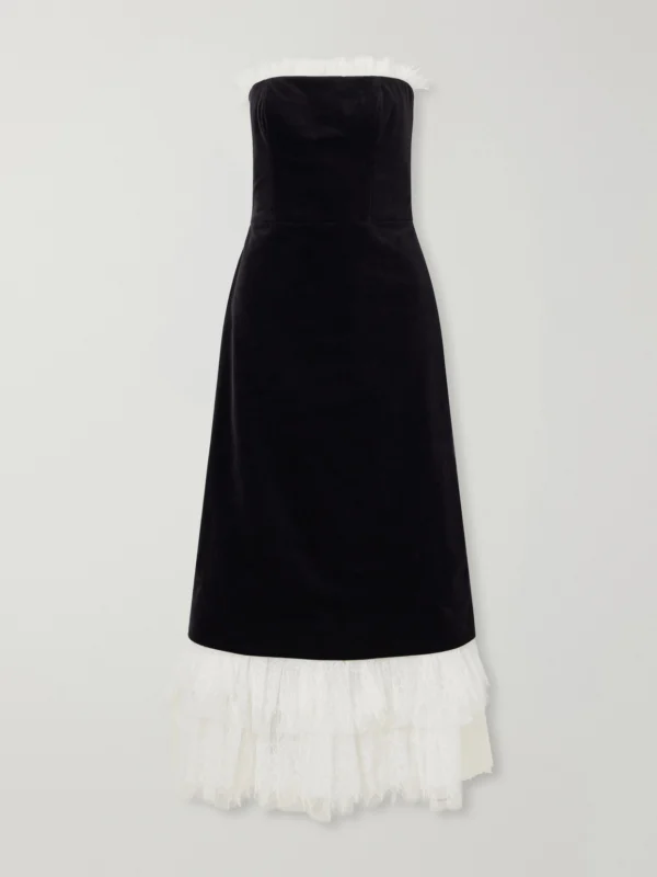 Costarellos Isabetta Strapless Tulle and Lace-trimmed Cotton-velvet Midi Dress