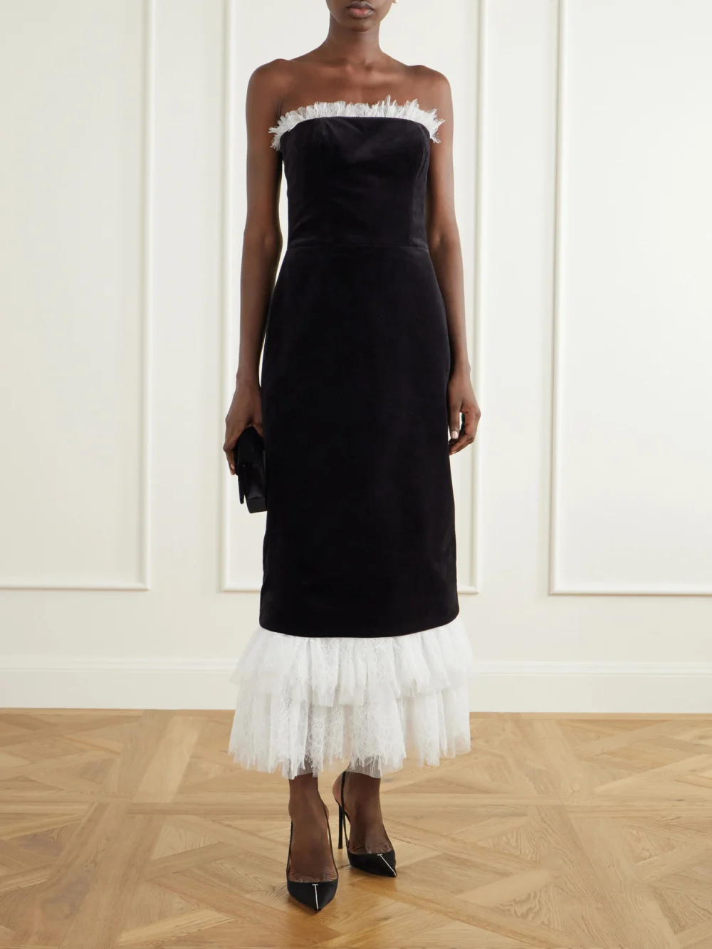 Costarellos Isabetta Strapless Tulle and Lace-trimmed Cotton-velvet Midi Dress, worn by a model