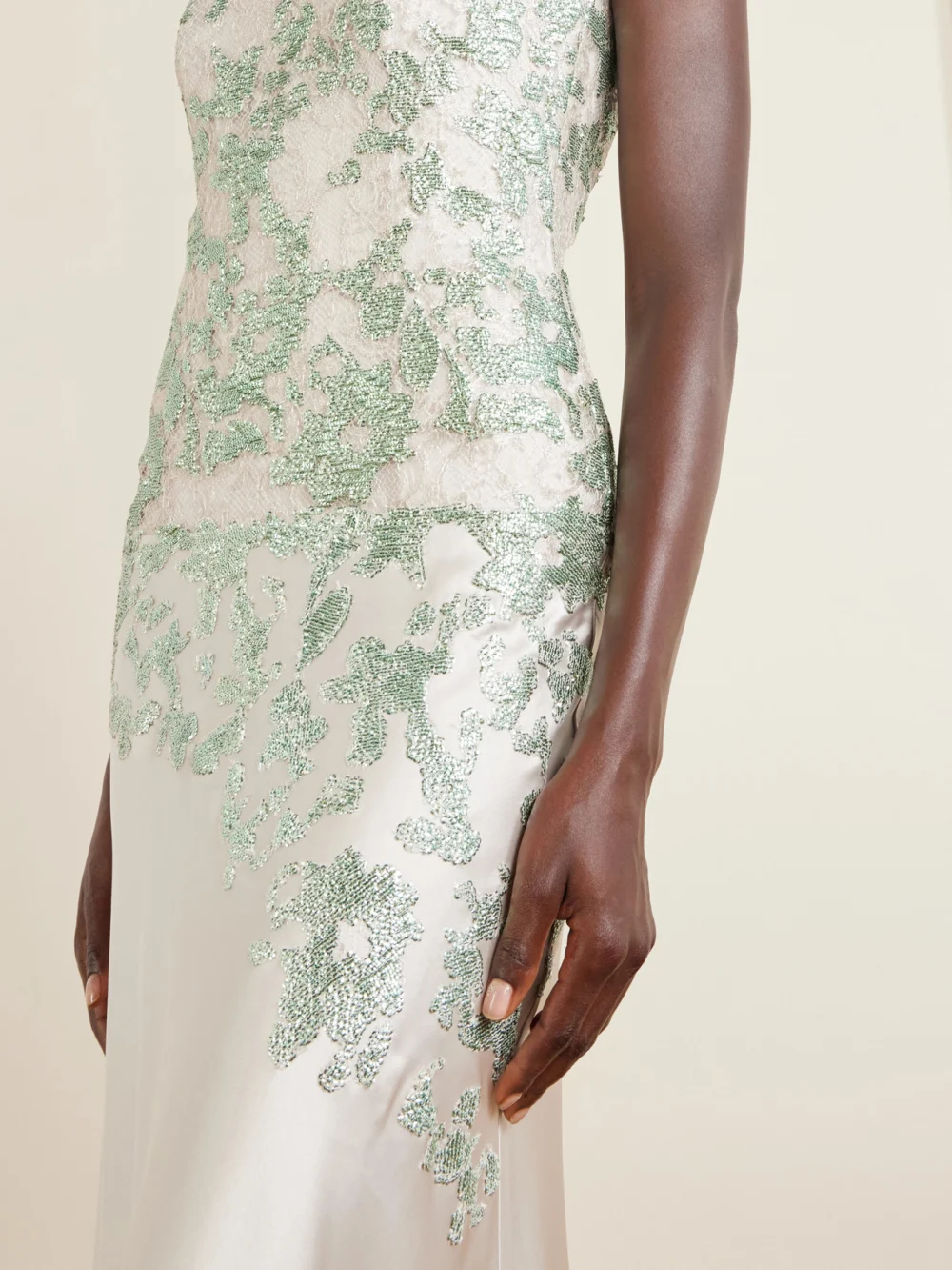 Close-up detail of the Costarellos Jennan Sequin-embroidered Satin Gown