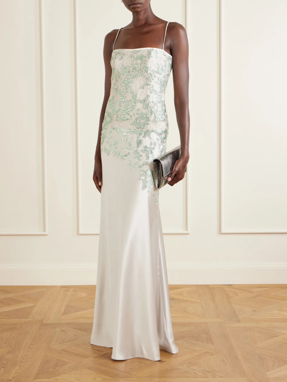 Costarellos Jennan Sequin-embroidered Satin Gown, worn by a model