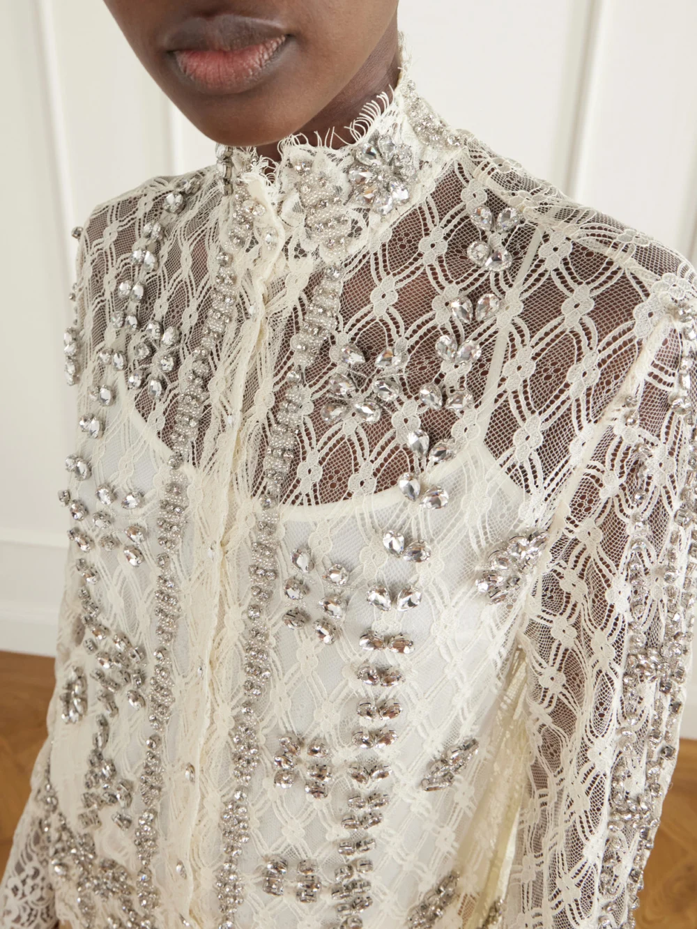 Close-up detail of the Costarellos Lilou Embellished Lace Shirt