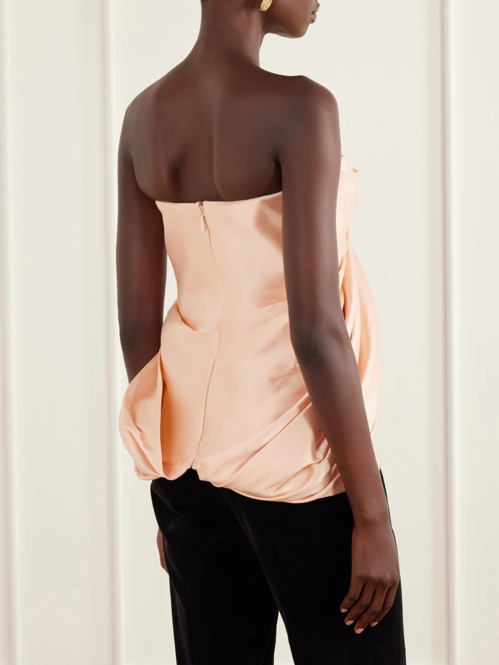 Back view of the Costarellos Lyza Strapless Gathered Duchess-satin Blouse