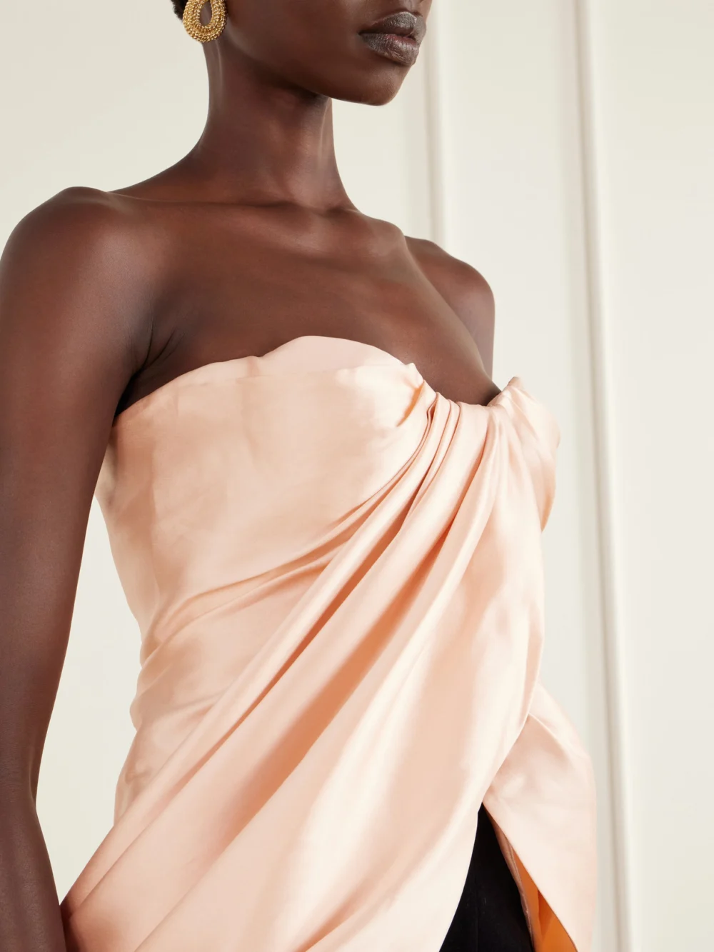 Close-up detail of the Costarellos Lyza Strapless Gathered Duchess-satin Blouse