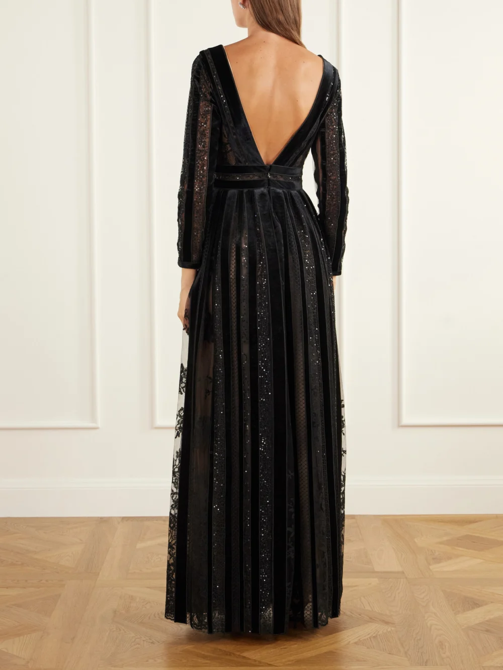 Back view of the Costarellos Malena Sequin-embellished Velvet-trimmed Lace Gown
