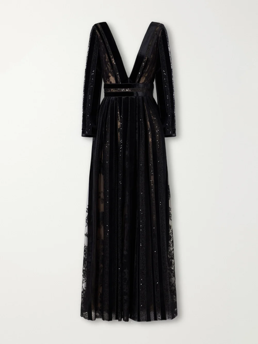 Costarellos Malena Sequin-embellished Velvet-trimmed Lace Gown in black
